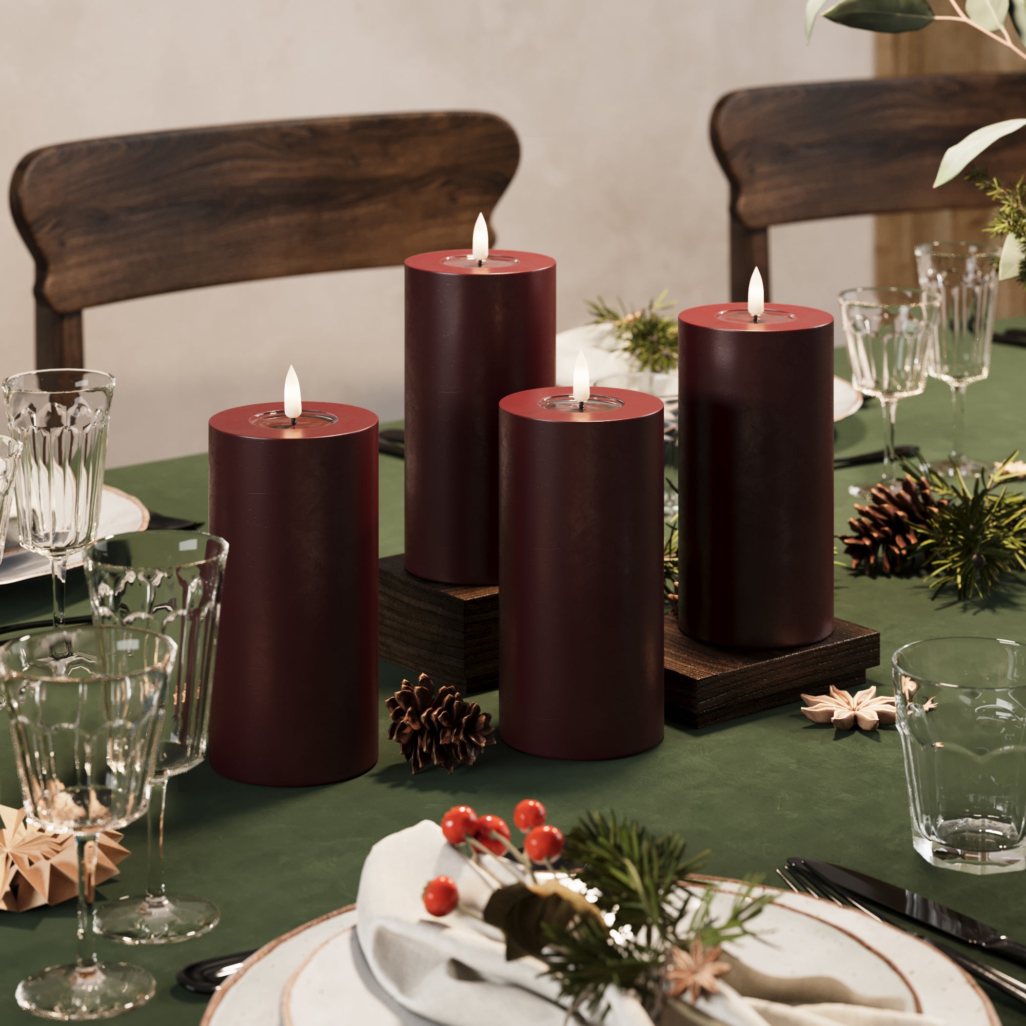LED Stompkaarsen Ø 7,5 x 15 cm Bourgogne - 4 pc's
