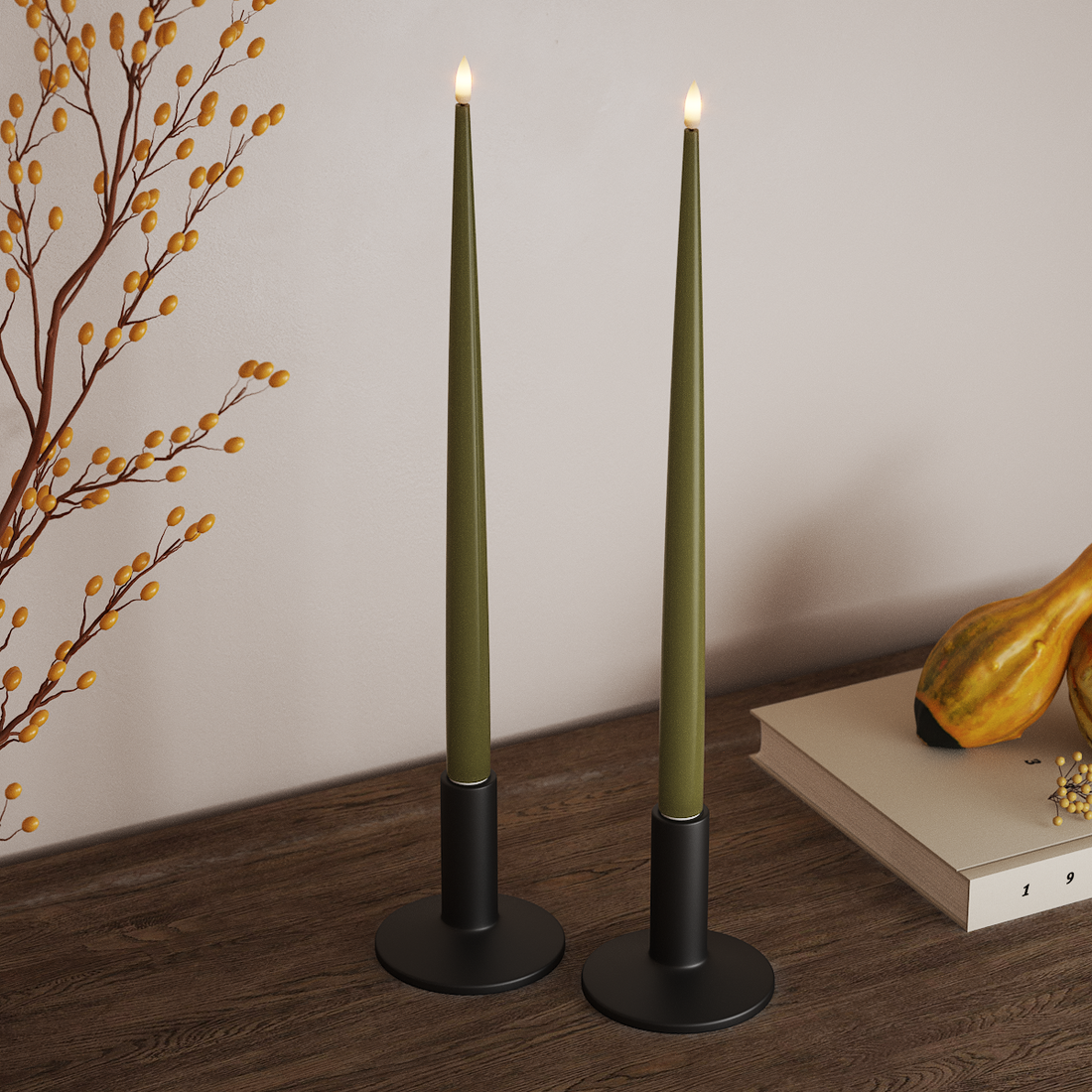 Deluxe Homeart LED Glanzende dinerkaars met Lak, 2 stuks 38 cm Olijfgroen LED Glanzende dinerkaars 4