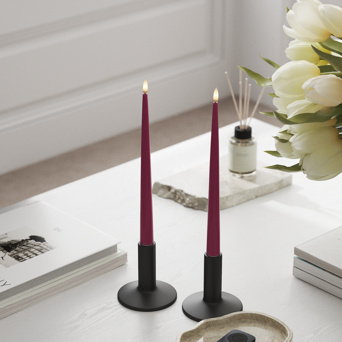 Deluxe Homeart LED Glanzende dinerkaars met lak, 2 stuks 28 cm Magenta LED Glanzende dinerkaars 3