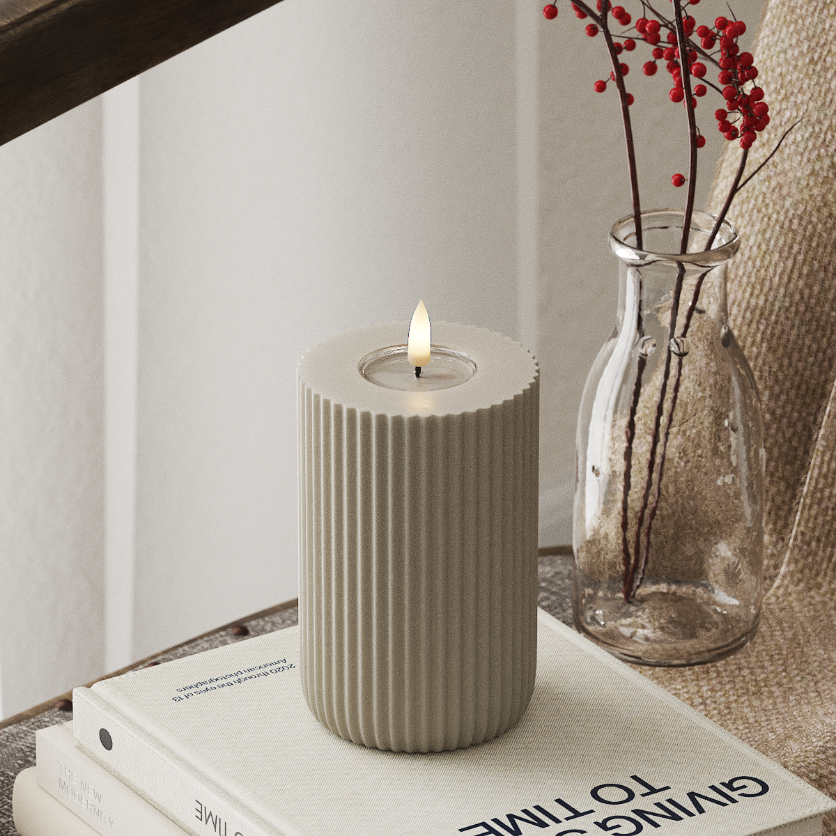 Deluxe Homeart Solid Stripe LED Stompkaarsen Ø8 X 12,5 cm Zand LED Vorm 4