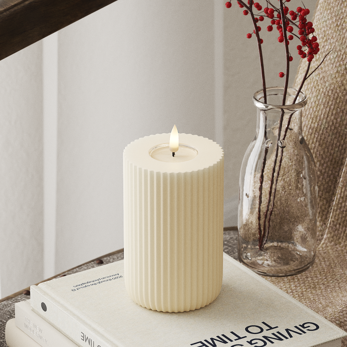 Deluxe Homeart Solid Stripe LED Stompkaarsen Ø8 X 12,5 cm Cream LED Vorm 4