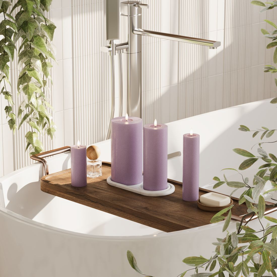 Deluxe Homeart LED bloklys pakke - Lyslilla - 5 x 12,5 + 20 | 7,5 x 20 | 10 x 20 cm pakke 1